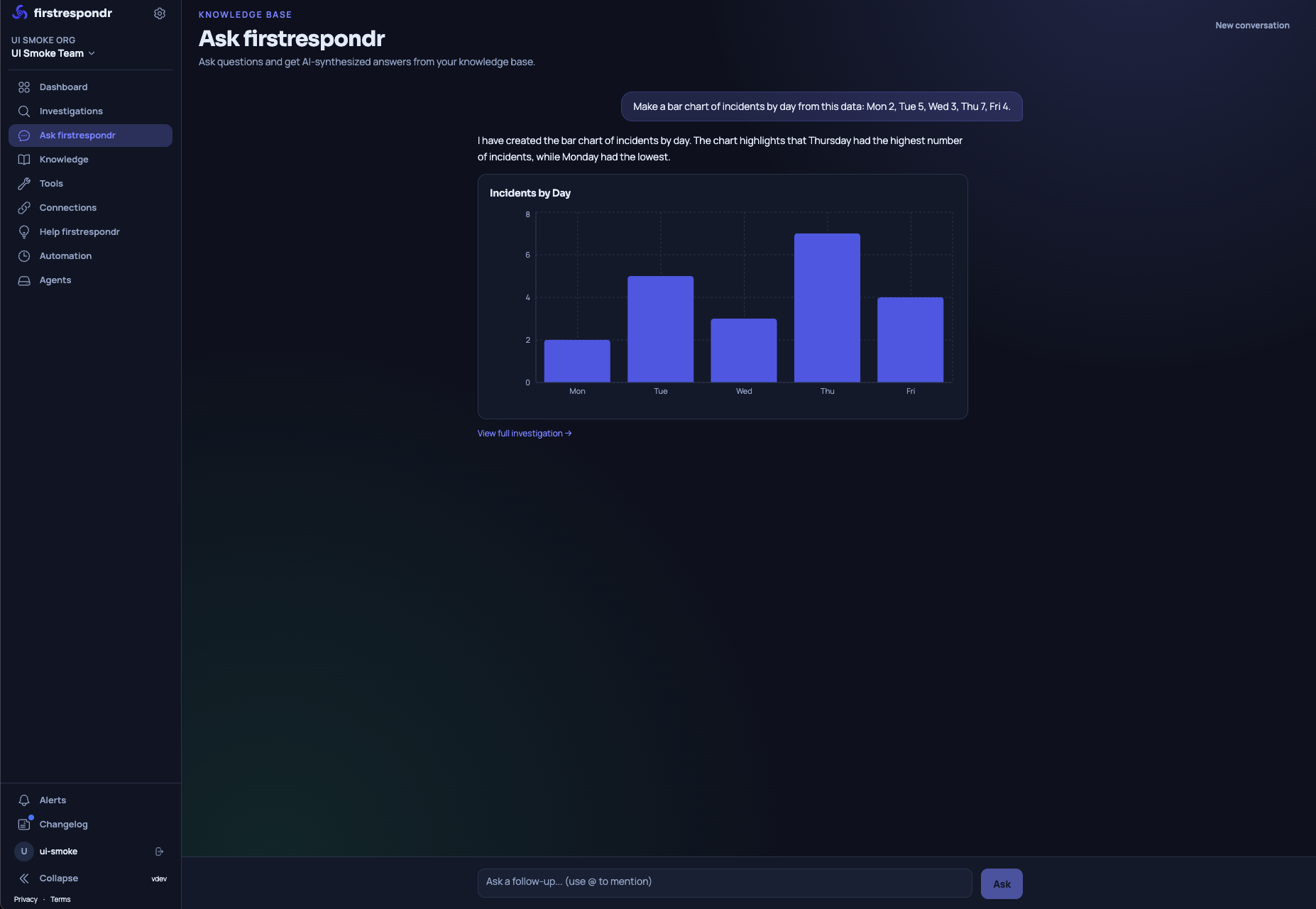 Ask firstrespondr answering a question with an incidents by day chart